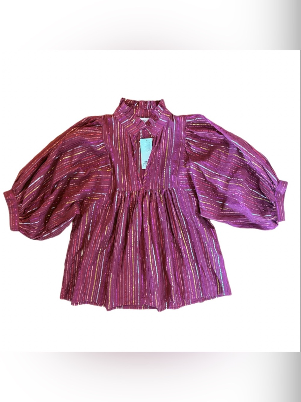 Never A Wallflower Pink Metallic Stripe High Neck Top Puff Sleeve NWT Large